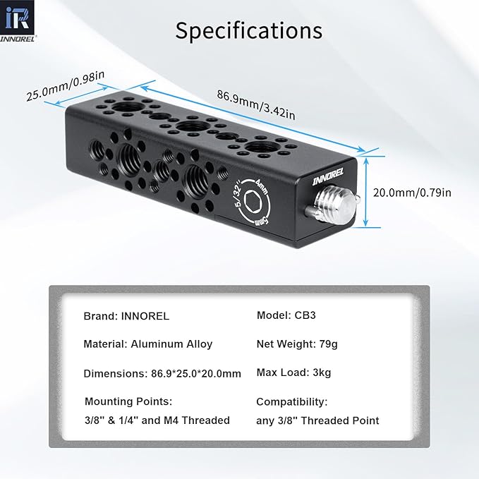INNOREL CB3 CNC Aluminum Alloy Multi-Function Cheese Handle, Cheese Grip Extension Bar, Featuring 3/8" and 1/4" Arri Locating Holes for Camera Cage Frames, Cheese Plates, Any 3/8" Threaded Point