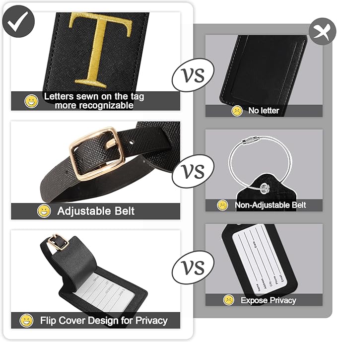 Initial Letter Luggage Tag for Suitcase, Cute Luggage Bag, Waterproof PU Leather Travel Luggage Tag, Suitcase Identifier Name Tag, Monogrammed Suitcases Tags, Bag Tags for Handbags(Black T)