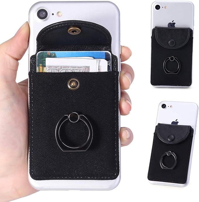 Credit Card Holder for Back of Phone with Ring Stand Stick on Phone Wallet,Ultra-Slim Self Adhesive,RFID Blocking Ring Pocket Wallet(Finger Ring)