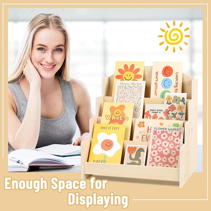 VOGGV Greeting Card Display Stand Holder - 4-Tier Wooden Organizer Rack for Postcards, Stickers, Bookmarks & Tabletop Book Display, Sturdy Card Display Shelf for Retail or Home