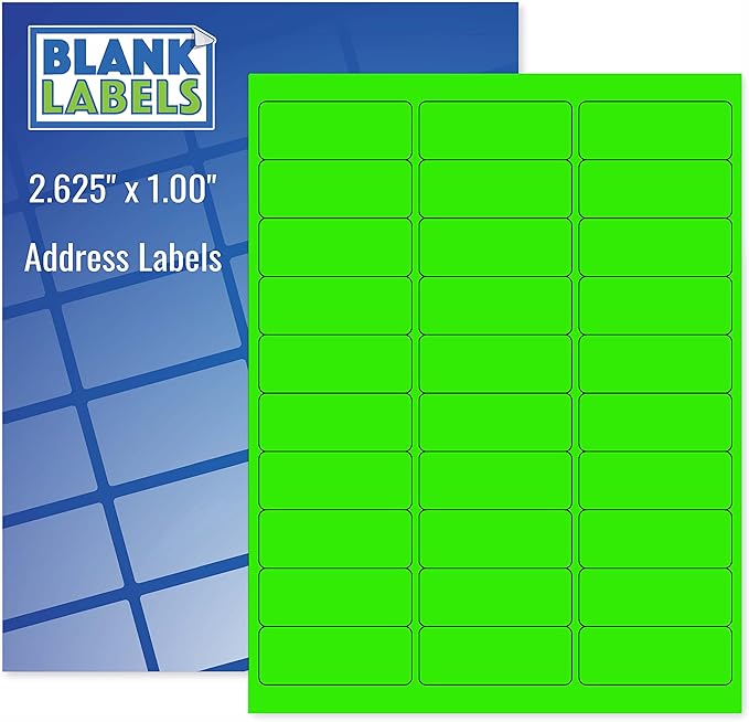 Blank Labels Fluorescent Green FBA & Mailing Labels – 2.625" x 1", 30 Labels Per Sheet, Bright Visibility for Warning or Inventory Use, Inkjet & Laser Printer Compatible