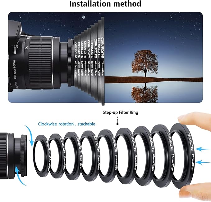 9Pcs Filter Ring Adapter Set,Camera Lens Filter Metal Stepping Rings Compatible All Brands UV ND CPL (40.5-49mm,49-52mm,52-55mm,55-58mm,58-62mm,62-67mm,67-72mm,72-77mm,77-82mm)
