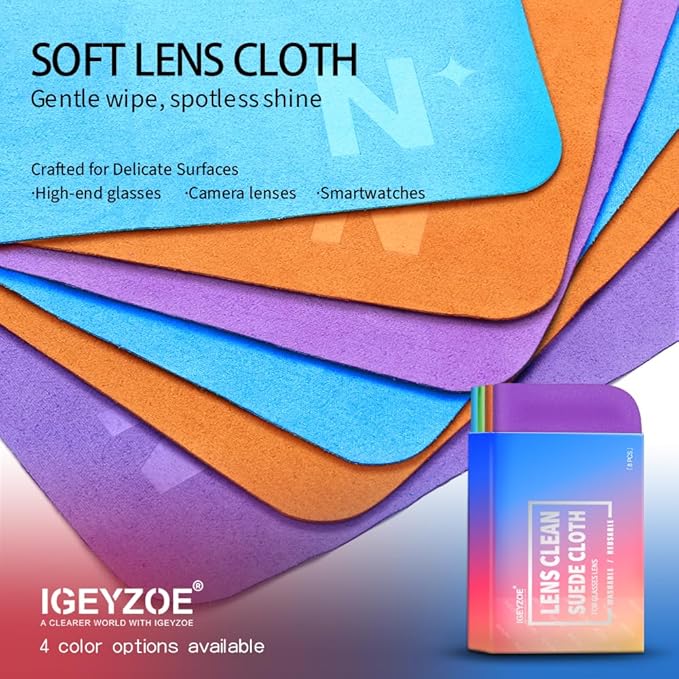 iGeyzoe 8-Pack Microfiber Lens Cleaning Cloth, Lint-Free & Scratch-Free, Instantly Cleans Glasses, Screens, Camera Lens, VR/AR Headsets, Reusable & Washable (4 Colors)
