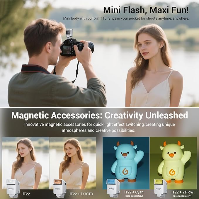 Godox iT22 N Mini Camera Flash for Nikon with 7.4V 300mAh Battery Manual/TTL Modes 700+Flashes 1.5s Recycle Hot Shoe Flash with Diffuser/Color Filters Accessories for Nikon Camera (Silver)
