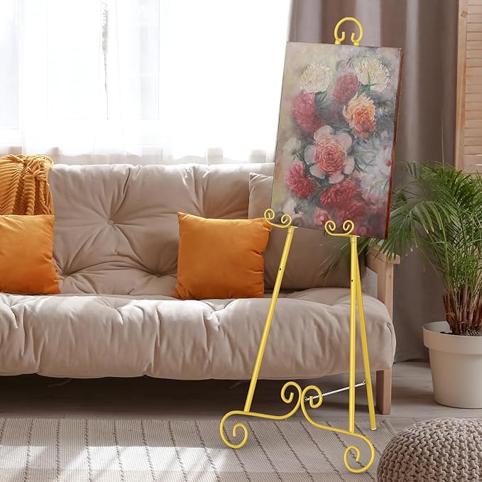 Display Easel, Metal Round Tube Scroll Vintage Gold Decorative Adjustable Floor Standing Easel with Chain Support, Perfect for Showcasing Pictures, Artwork, Picture Frame Wedding Sign Etc