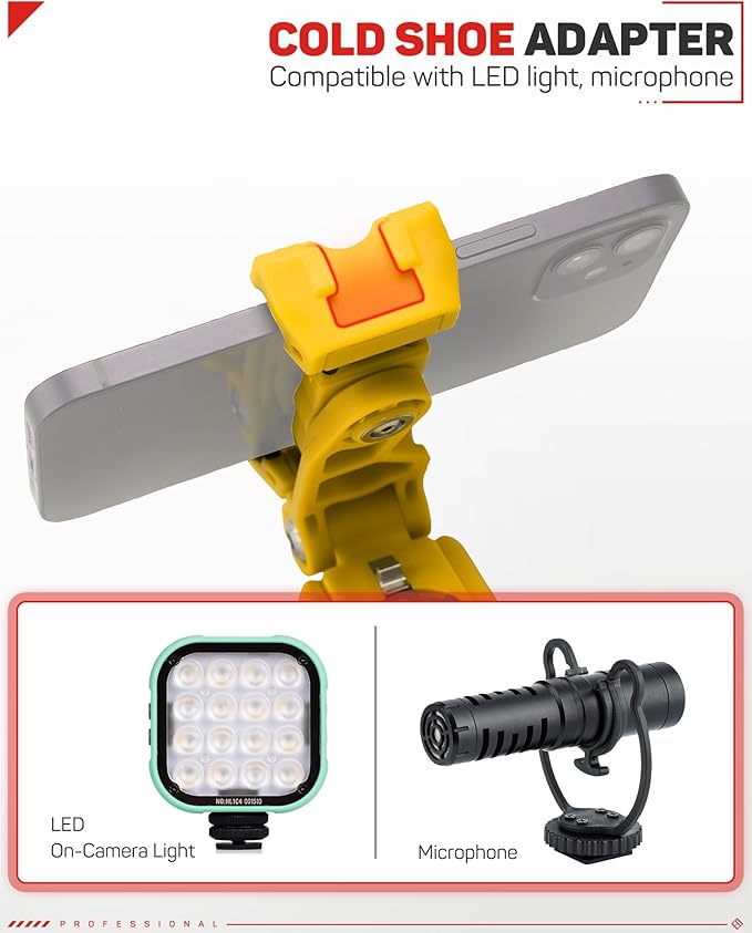 IFOOTAGE Phone Holder, Phone Tripod Mount Adapter with Cold Shoe, 360° Rotation Cell Phone Holder for Tripod, Selfie Stick, Desk Phone Stand with Adjustable Clamp, Yellow