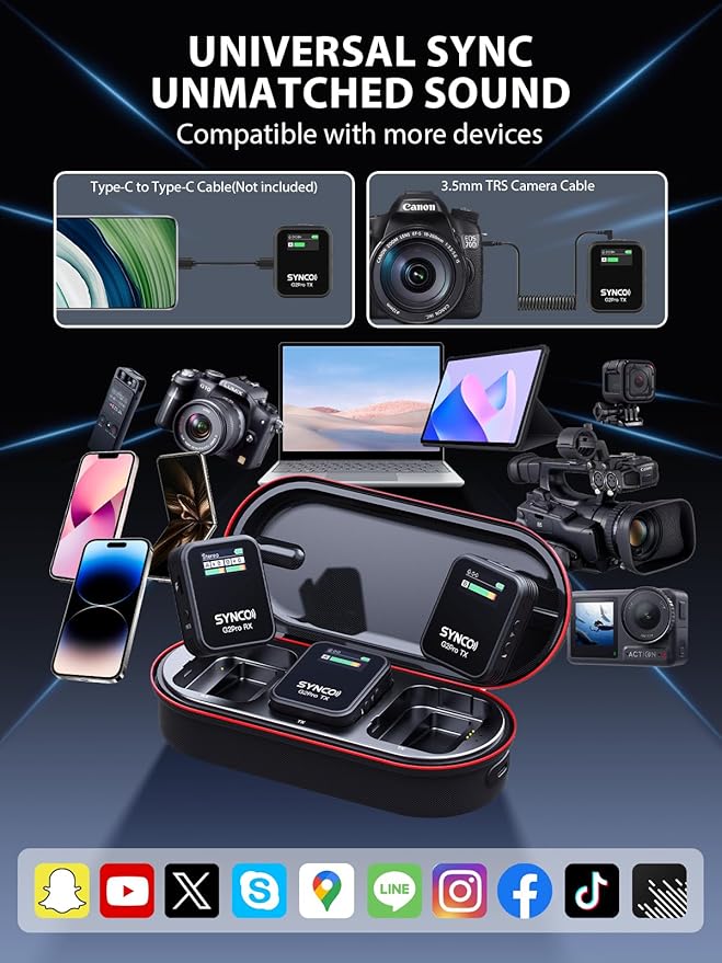 SYNCO G2(A2) Pro Dual Wireless Lavalier Mic with Charging Case 48KHz 24Bit for Vlogging Live Streaming Interviews Lapel Microphone 656FT for Camera Smartphone Tablet