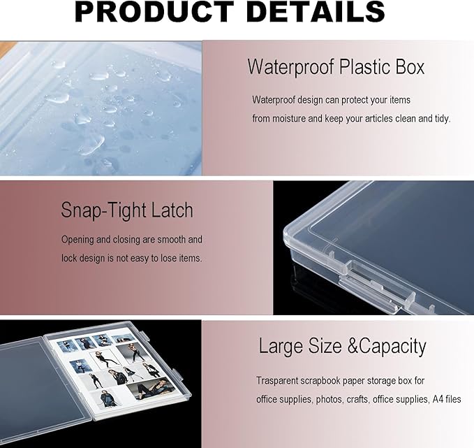GonGieie 4 Pack Photo Storage Box, Photo Storage Containers Fits 8" X 10" Photo, Plastic Scrapbook Papers Storage for Protecting Scrapbooks, Card, Photos, Crafts, Office Supplies, A4 Files