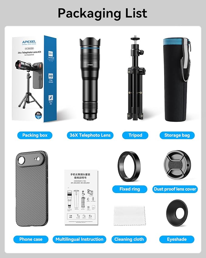 Evil eye 36X Telephoto Lens for iPhone 17 Air, High Power HD Telephoto Phone Lens with Tripod, Phone Lens Attachments for Travel, Concert, Exploration
