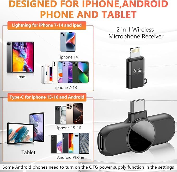 Wireless Lavalier Microphone for iPhone/iPad/Android Phone, Professional Mini Microphone Plug-Play Wireless Mic for Interview Video Podcast YouTube TikTok