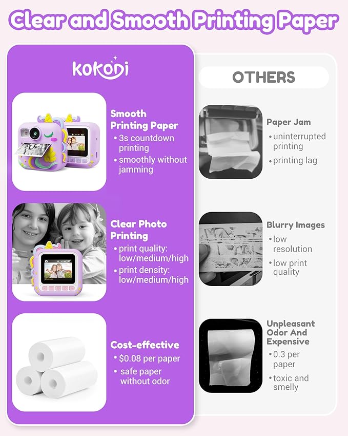 KOKODI Kids Camera Instant Print, Toddler Cameras Christmas Birthday Gifts for Girls Age 3-12, Digital Video Instant Printable Camera for Kids,Toys for Ages 5-7 Girls (Purple)