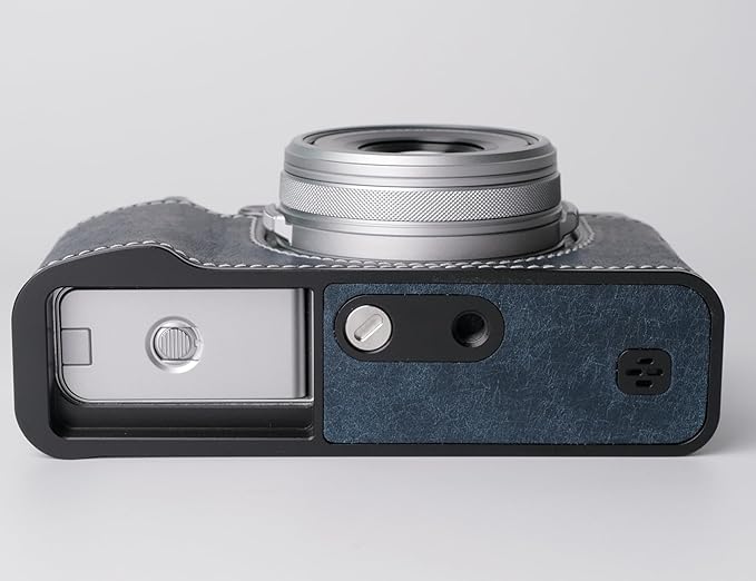 Genuine Leather Camera Half Case for Fujifilm X100VI - Top Layer Cowhide Body + Metal Base Plate - Hand Shank Free Design (Dark Blue)