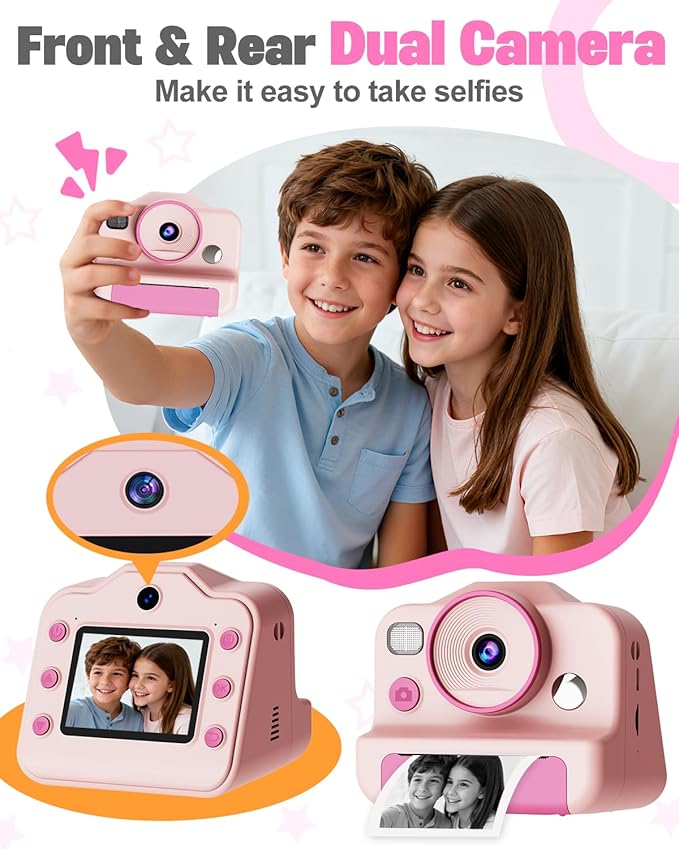 Instant Print Camera for Kids, Front Rear Dual Selfie Kids Camera with 1080P Videos, Christmas Birthday Gifts for Kids Ages 3-12, Toddler Digital Camera Toy for 4 5 6 7 8 Year Old Girls (Pink)