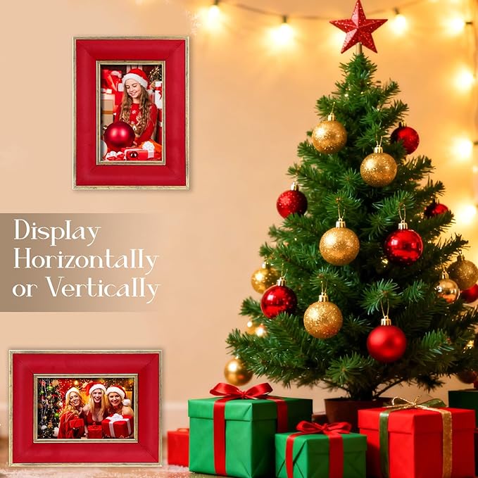 Kathfly 2 Pcs Red Velvet Picture Frame 5 x 7 Inch Vintage Photo Frame with Gold Metal Edge Horizontal & Vertical Mount for Poster Artwork Puzzles Tabletop Wall Display Christmas Home Office Decor