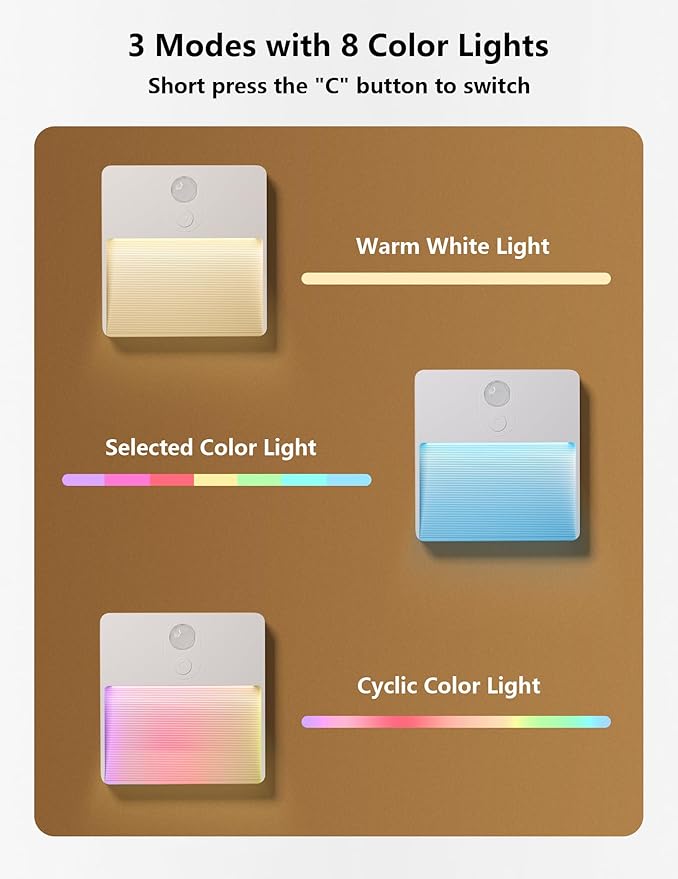 Motion Sensor Night Light Indoor, Rechargeable Battery Operated Lights with RGB Lights, Magnetic Stick On Light for Closet Toilet Bathroom Under Cabinet Hallway Stair Bedroom Kitchen, 2 Packs