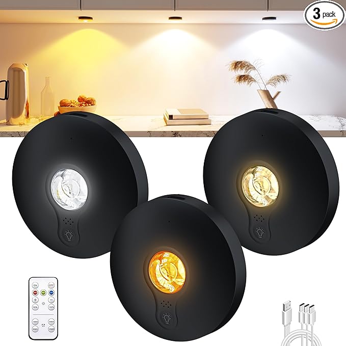 Rechargeable Puck Lights with Remote Control,2000mAh High Capacity Battery Operated LED under Cabinet Lighting,Dimmable Tap Stick On& Magnetic Mount Wireless Closet Light for Kitchen Counter,Shelve