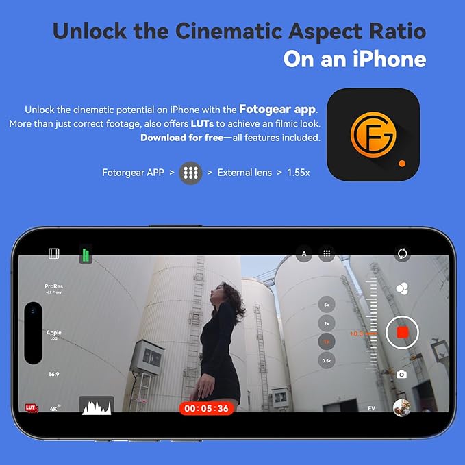 1.55x Anamorphic Lens Compatible with T Mount iPhone & Samsung - Cinematic Smartphone Lens with Ultra-Wide View, with APP Image Correction, Sci-Fi Blue Flare, and Enhanced Video Quality