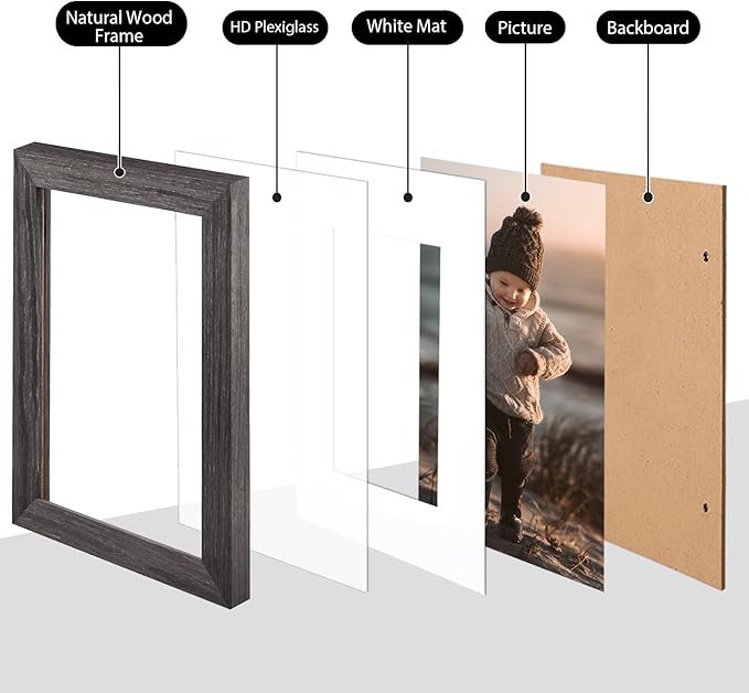 KINLINK 4x6 Frame Ash Black, Solid Wood 4 x 6 Picture Frame with Acrylic Plexiglass for 3.5x5 with Mat, Tabletop and Wall Display Photo Frames 4x6 Ash Black, 4 Pack