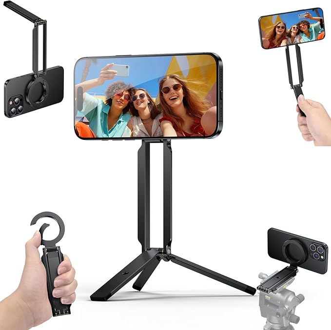 Magnetic Phone Tripod Stand Foldable Magnetic Mini Tripod Pocket Cell Phone Stand with Arca-Swiss, 1/4'' Screw Hole,Compatible with Magsafe for iPhone 17/16/15/14/13/12