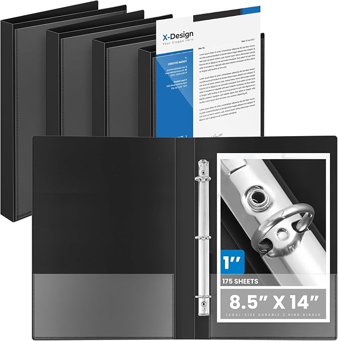 Henoyso 4 Pcs Legal Size Binder with View Cover 3 Ring 1" Durable PP Plastic Black Binders for 8.5" x 14" Paper Hold up to 175 Sheets for Documents, Office, Home, Work Places