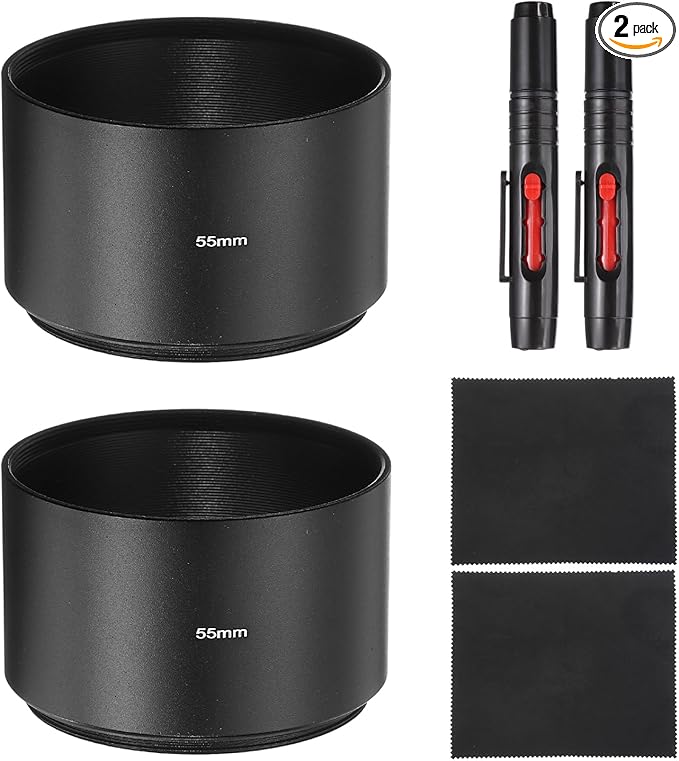 PATIKIL 2 Pcs Lens Hood Shade, 55mm Long-Focus Mount Standard Screw-in Metal Camera Cap Shade with Cleaning Cloth and Cleaning Pen, Black