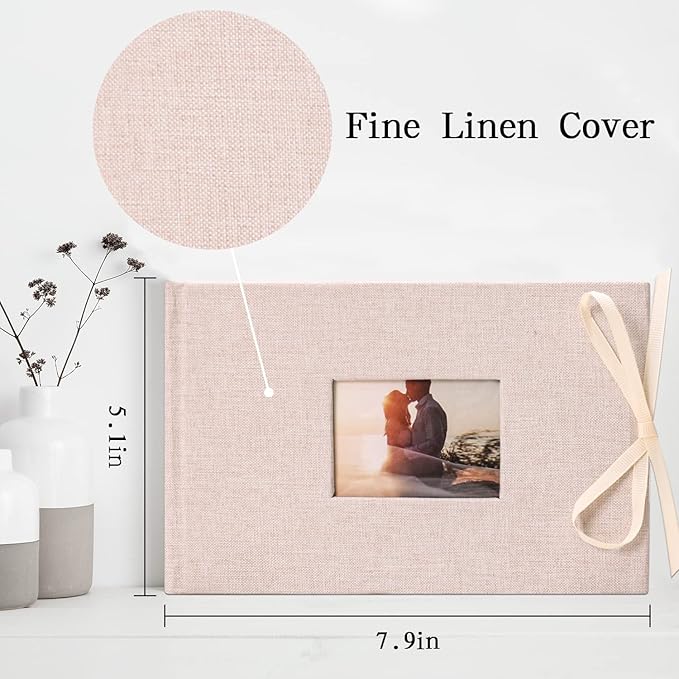 Vienrose Photo Album 4x6 50 Pockets Linen Frame Cover with Memo Areas Photobook Mini Slip-in Picture Book for Wedding Baby Vacation, White