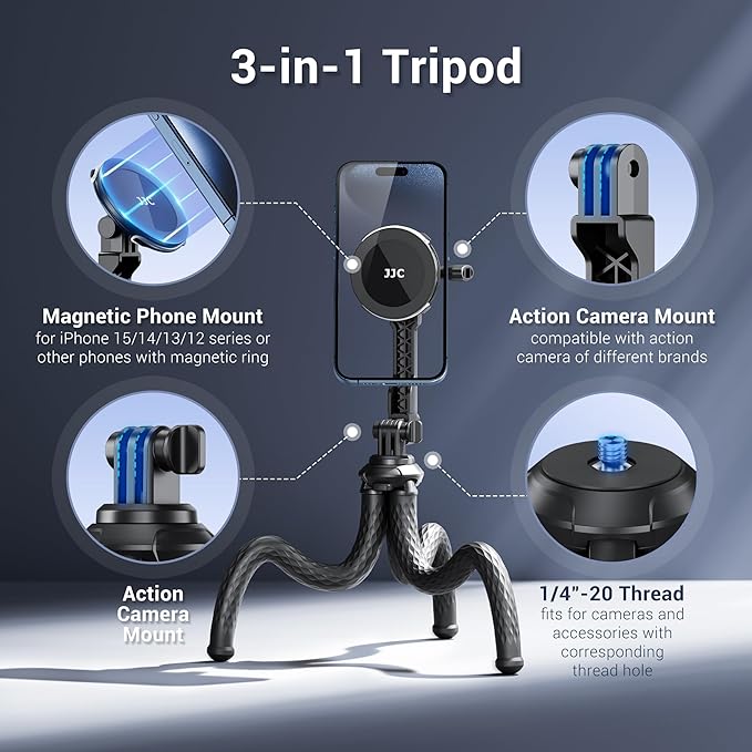 JJC Magnetic Flexible Phone Tripod for iPhone, Bendable Octopus Tripod with 1/4" Screw & Gopro Mount Compatible with iPhone Android Phone Gopro Digital Camera for Video Recording Vlogging