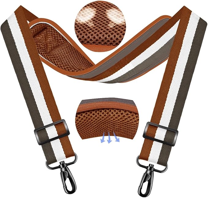 ZINMARK Shoulder Strap 59 inch, Crossbody Bag Straps for Duffle, Laptop Messenger Tool Luggage Bag, Soft with Ultra-Thick Fixed Shoulder Pad -Brown White Gray Stripe