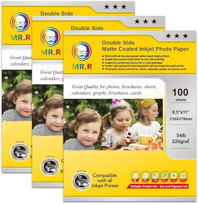 MR.R 230gsm Double Side Matte Coated Inkjet Photo Paper,8.5"x11'' Letter Size,100 Sheets per Pack,54lb for dye and pigment ink