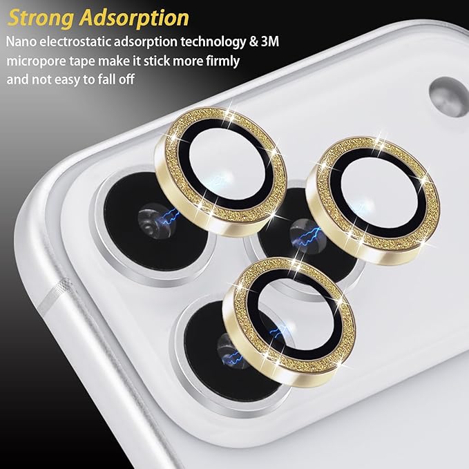 Camera Lens Protector for iPhone 17 Pro/17 Pro Max, Aluminum Alloy Tempered Glass Lens Protector with Installation Frame Fits for iPhone 17 Pro/17 Pro Max (Glitter Gold)