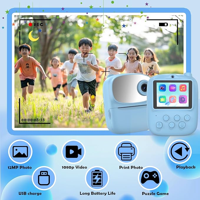 Kids Camera Instant Print for Kids, Kid Camera Instant with Mirror, HD Dual-Lens Selfie Digital Camera with 3 Rolls Print Paper & 32GB Card, Holiday Birthday Gifts Toys for Girls Boys Toddler.（Blue