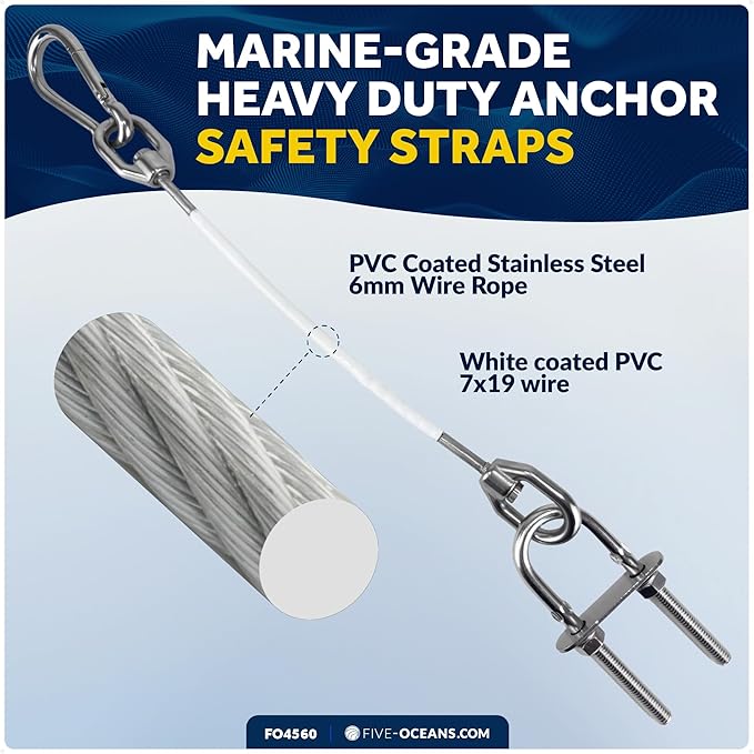 Five Oceans 12-Inch Anchor Safety Straps, Heavy Duty 7x19 PVC Coated Stainless Steel 6mm Wire Rope, Includes 5/16-Inch Carabiner Snap Hook and 5/16-Inch U-Bolt - FO4560