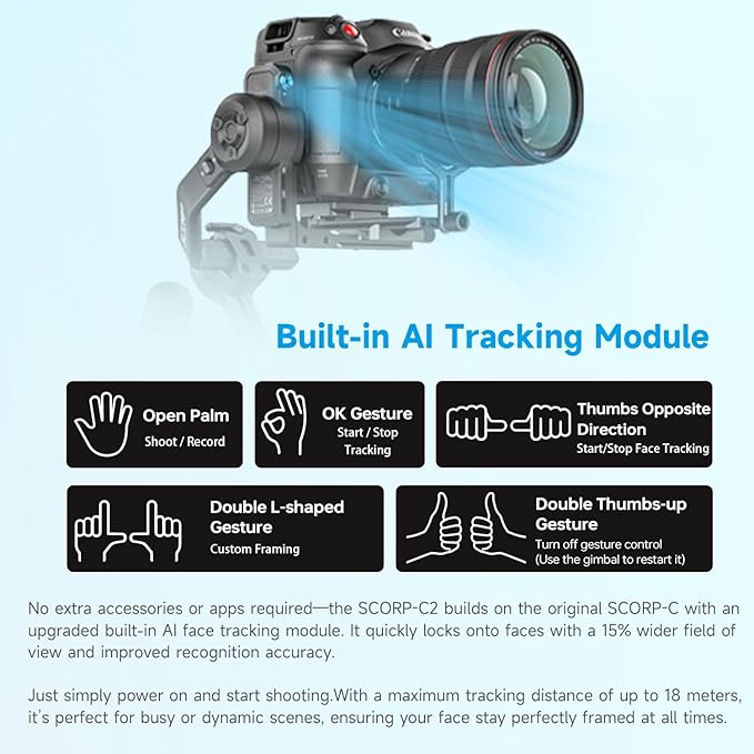 SCORP C2 AI Tracking Gimbal Stabilizer for Camera,fits Mirrorless Vlogging Camera,for Sony/Canon/Panasonic/Nikon/Fujifilm,Native Vertical Shooting, Max 7.72lb,Bluetooth/TypeC Connect, Gesture Control