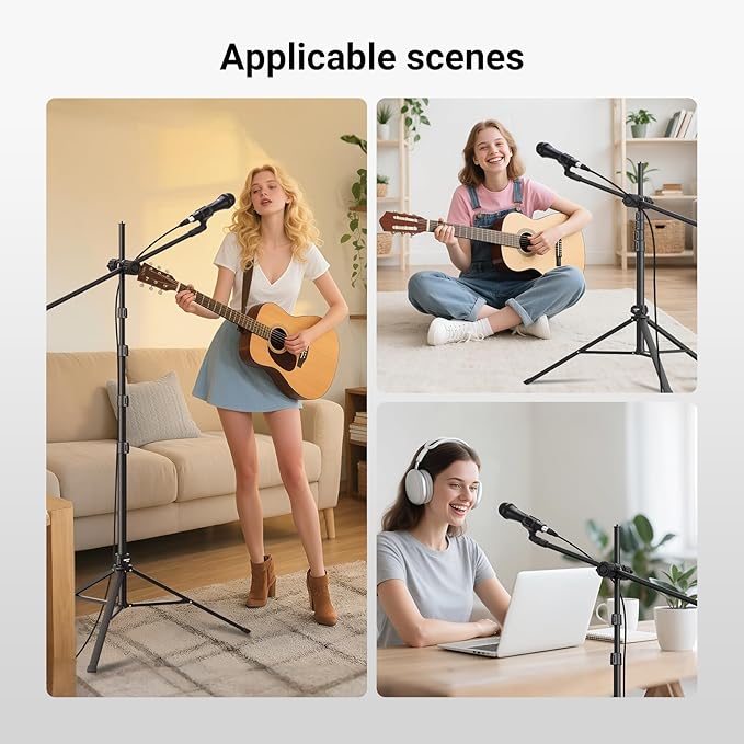 NEEWER Mic Stand Floor, Microphone Tripod with Boom Arm, Heavy Duty Adjustable Stand & Arm with 2 Mic Holder Clamps, 3 Cable Clips, Bag, 3/8" to 5/8" Adapter for Singing Podcast Recording, MS046