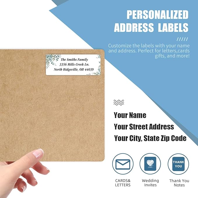 Address Labels Personalized Return Address Labels, 2.6" x 1" Greenery Custom Mailing Label for Envelopes (30-1200) Customized Self Adhesive Stickers Printable Mail Envelope Adress Label, White