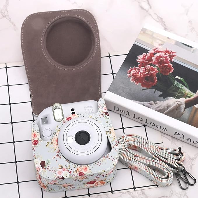 Frankmate Protective Case Compatible with Fujifilm Instax Mini 12 11 9 8 Instant Film Camera with Pocket and Adjustable Strap (Retro Rose)
