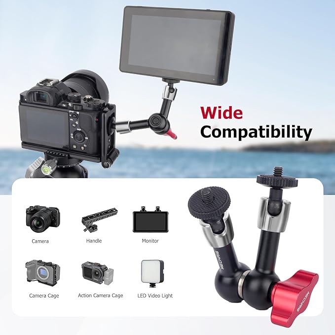 7" Cold Shoe Magic Arm with 360° Ball Joint & 1/4" Screw, Adjustable Stainless Steel Friction Arm for Camera Cage LED Light Microphone Monitor – DSLR Vlog Photography-87001