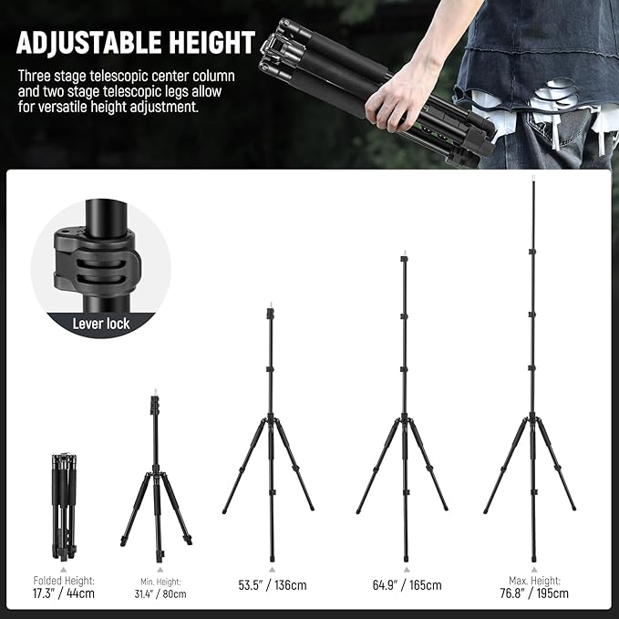 NEEWER Photography Light Stand, 1.5-6.4ft/47-195cm Aluminum Reversible Studio Lighting Tripod, Portable Phone Video Stand w/ 1/4" Screw for Strobe Light Camera Softbox, 4.4lb/2kg Load, ST195