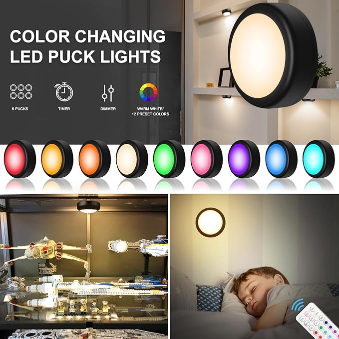 BLS LED Puck Lights with Remote, RGB 13 Color Changing Under Cabinet Lighting Wireless, AA Battery Operated, Tap, Touch, Push Stick on Lights for Closet, Kitchen, Night, Dimmer & Timer, Black, 2 Pack
