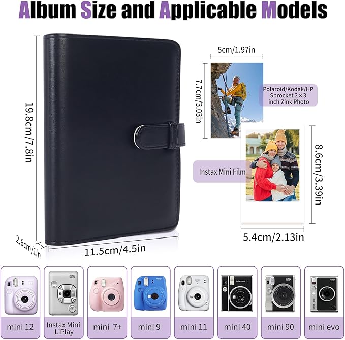 Riosin 108 Pockets Mini Album Compatible with Fujifilm Instax Mini film, Suitable for Instax Mini 12/11/7+/40/9/Evo/Link 2, 2x3"Photo Album for Canon Ivy 2 Printer Kpop Photocard(Black)