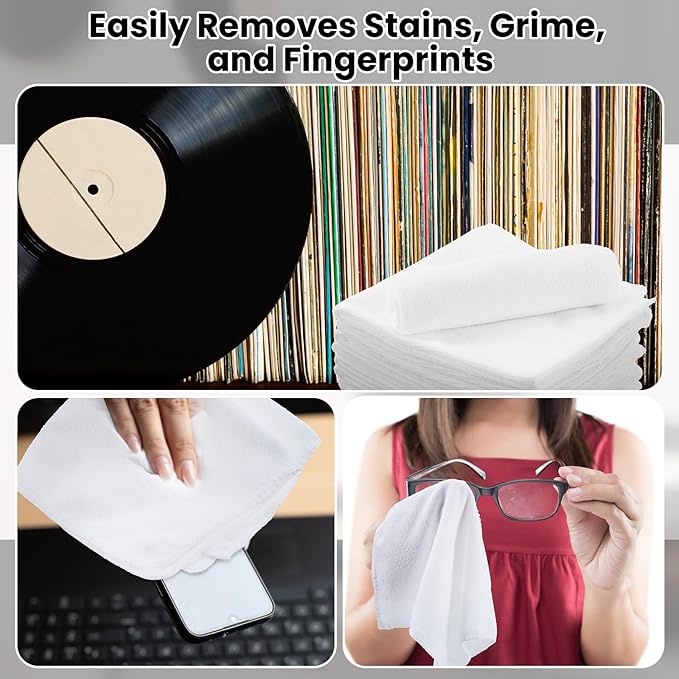 Honeydak 8 Pack Microfiber Record Cleaning Cloth, 12" x 12" Reuseable Anti Static Towels for Glasses, TV Screen, Laptop, Musical Instrument, Ultra Absorbent, Lint Free, Streak Free(White)