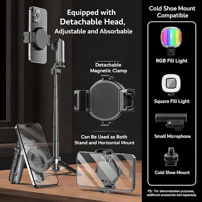 Magnetic Pocket Selfie Stick for iPhone, Multifunctional Portable Selfie Stick with Wireless Remote, 360° Rotation Extendable Phone Tripod Stand, Ideal for Travel & Vlogging (Upgraded)