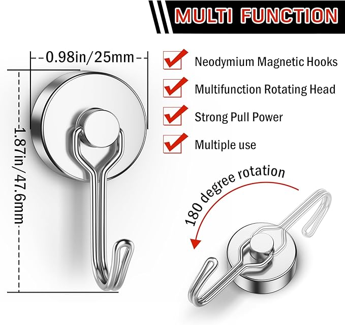 FINDMAG Magnetic Hooks for Cruise Cabins, 60lb+ Strong Neodymium Hooks for Hanging, Magnetic Hooks Heavy Duty for Refrigerator, 10 Pack Magnetic Swivel Swing Hooks for Workplace, Kitchen, Grill, Home