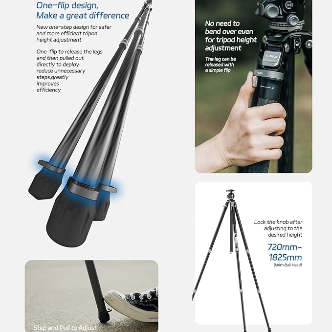 YC ONION Tako T23 Carbon Fiber Tripod with 52mm Bowl Head and FH60S Fluid Head, 3/8" Top Thread, 3 Leg Sections, One Flip Quick Release, Travel Tripod Stand for DSLR Cameras,Camcorders (Max Load 22lb)
