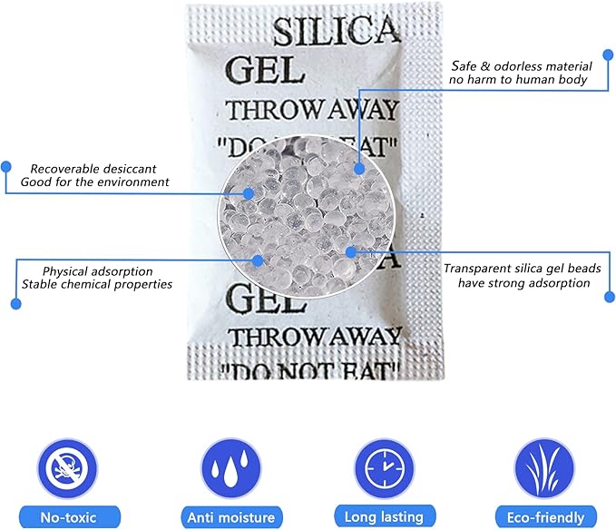 100Pcs Silica Gel Desiccant Packs(5 Gram), Industrial Grade No-Toxic Dehumidifier Packets, Premium Silicone Beads Moisture Absorption Bags Air Dryer for Clothes, Digital, Documents, Shoes, CD Storage