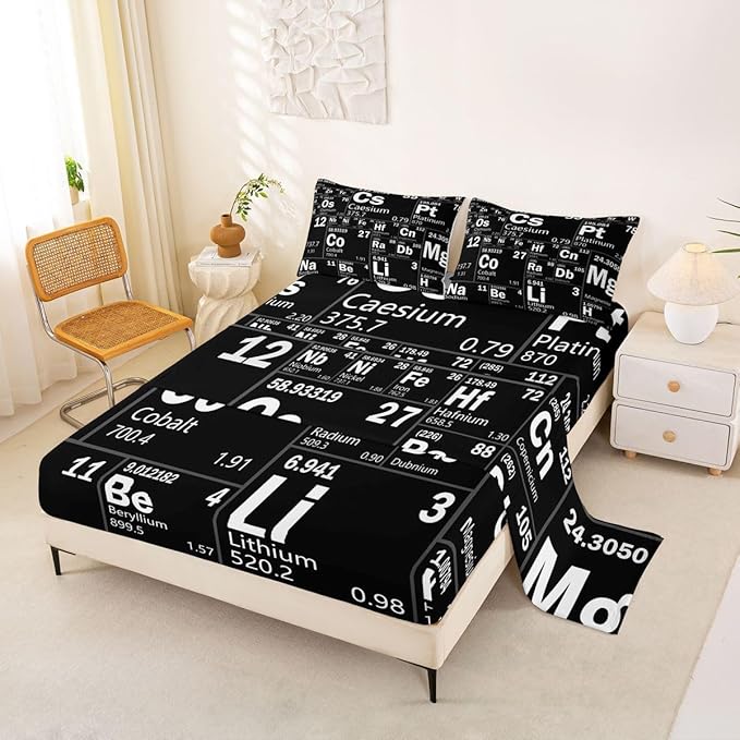 Erosebridal Chemical Periodic Table Bed Sheets Set Queen for Boys Girls Teens Science Students School Educational Dorm Room Decor Sheet Set, Science Theme Sheets Chemical Subject Theme Fitted Sheet