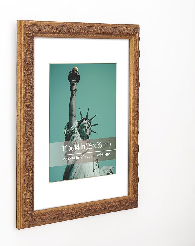 11x14 in Distressed Rustic Gold Wood Vintage Farmhouse Picture Frame, Museum Grade Off White Mat for8x10 Photos, Real Glass Protection, Wall Hanging Photo Display, Antique Gold