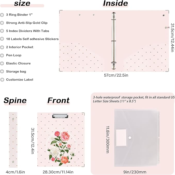 Etzul 3 Ring Binder 1 inch with Clipboard - Soft Pink Floral Design, Includes Dividers, File Bag & Spine Label - Perfect for Students, Teachers, and Professionals, Holographic Waterproof Film