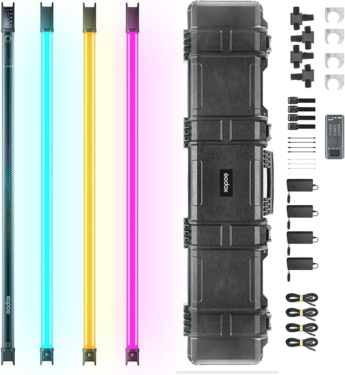 Godox TL120 RGB Tube Light 4 Packs, 2700K-6500K Rechargeable Dimmable Full Color LED Video Light Stick 4-Lights, CRI 96+, TLCI 98+ with Built-in 5200mAh Battery and APP DMX Control
