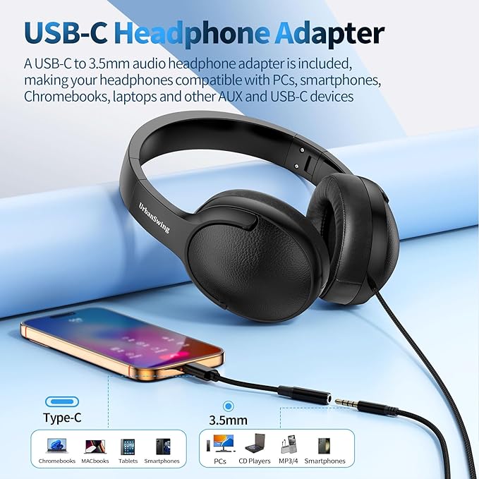 W4 Sturdy Over Ear Headphones with USB C Adapter, 3.5mm Wired Headset with Mic for Adults & Teens, School, Travel, Braided Long Wire, Velvet Pouch, for iPhone 17/16, Samsung, iPad, Black